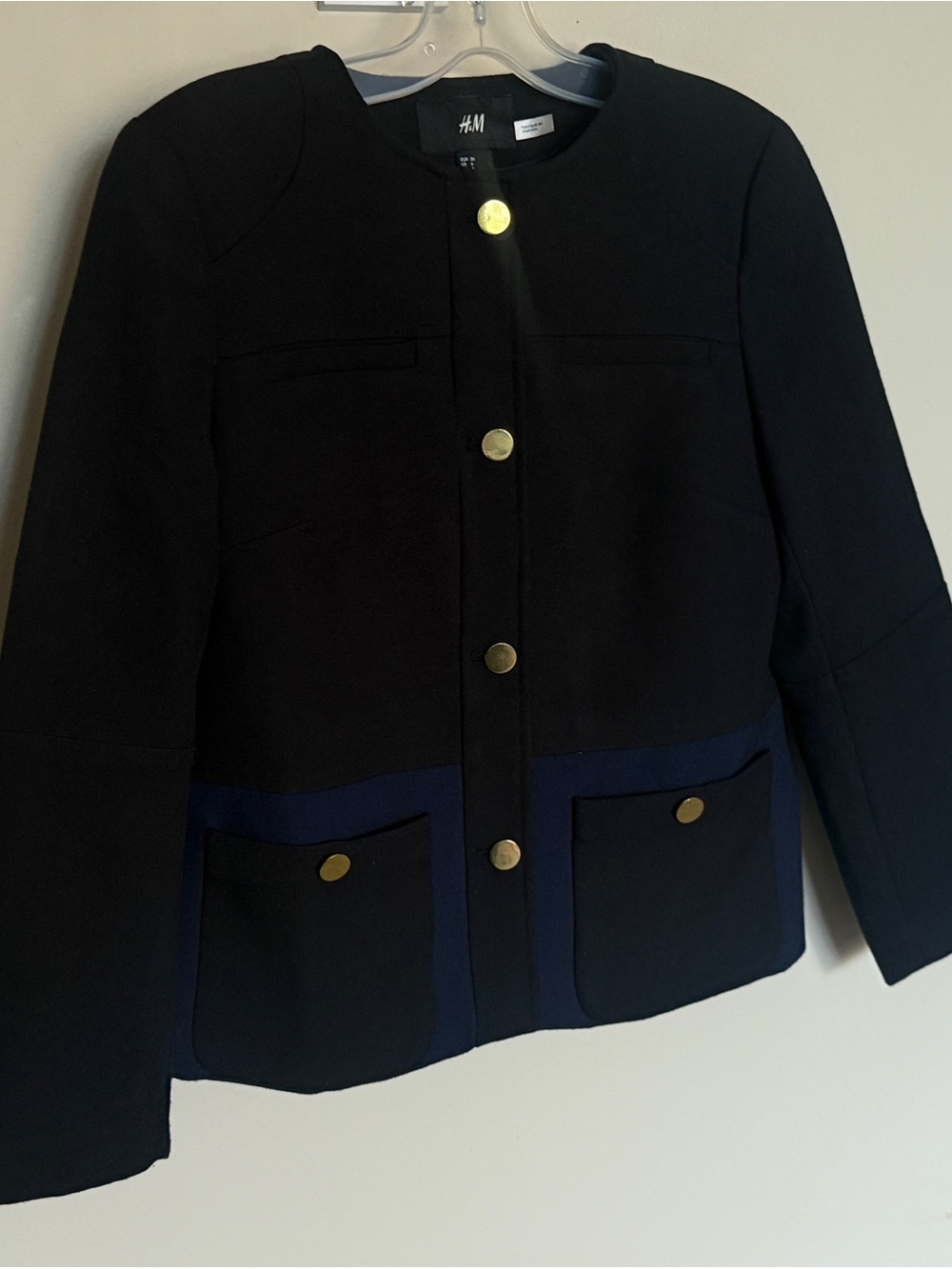 H&M Black Collarless Blazer with Navy Pocket Trim